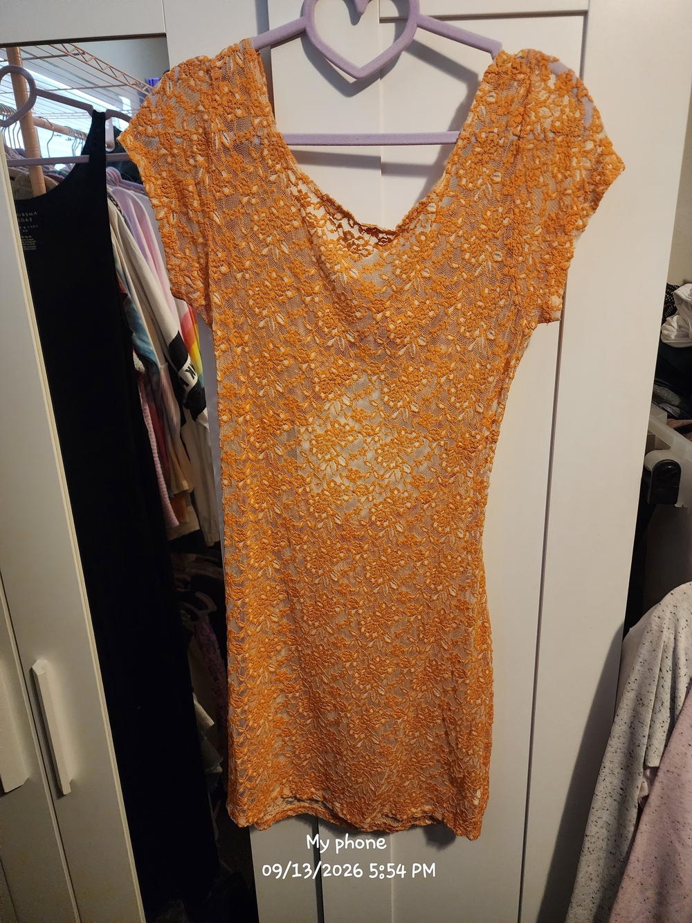Orange Lace Short Sleeve V-Neck Dress